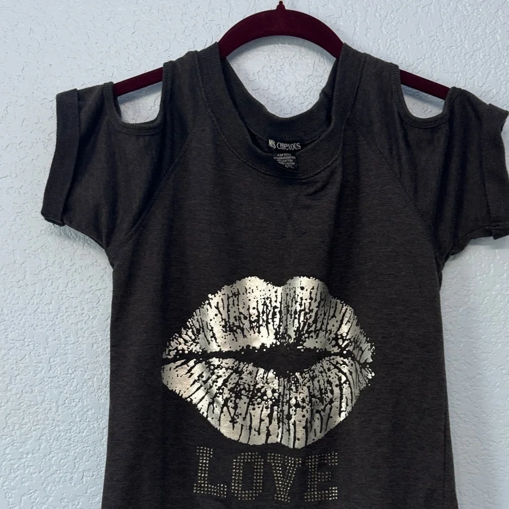 Miss Chievous Black Top with Cut Out sleeves With Silver Lips Size Medium - Picture 5 of 7